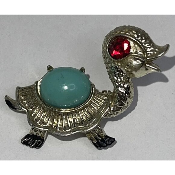 Vintage TURTLE BROOCH Pin Tortoise Rhinestone Cabochon Enamel Costume Jewelry - Picture 4 of 11